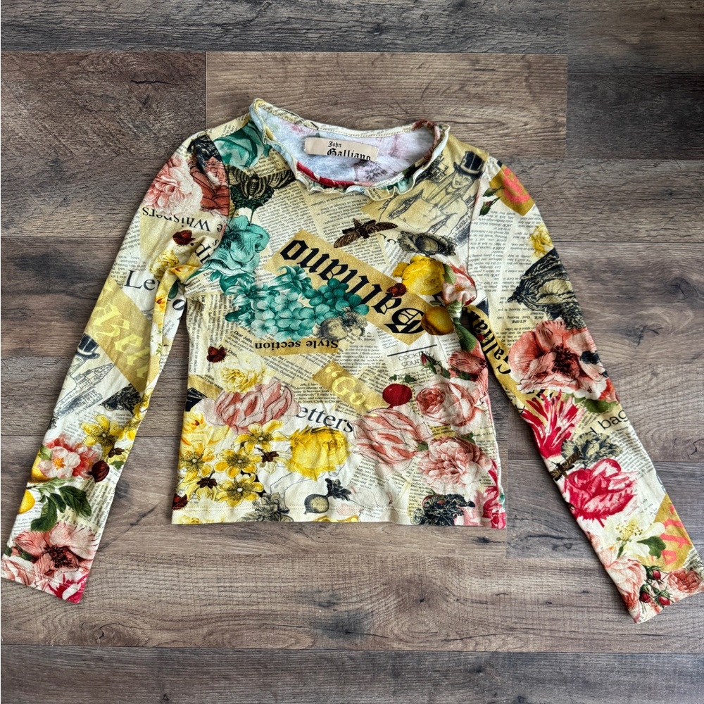 Vintage John Galliano Multicolor Newspaper Floral Print Top